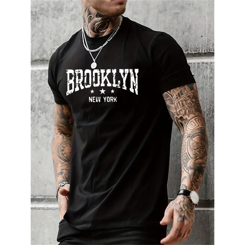 Herren 100% reine Baumwolle Sommer Freizeit Locker Brooklyn New York Buchstabendruck Bequem Rundhals Kurzarm T-Shirt Oberteil