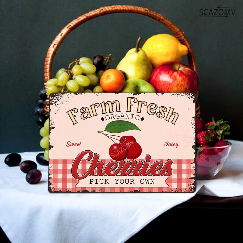 Farm Fresh Sweet Juicy Cherries Vintage Metal Tin Sign, Retro Fruit Poster Decorative Wall Art Signage, Farmhouse Country Market Kitchen Bar Home