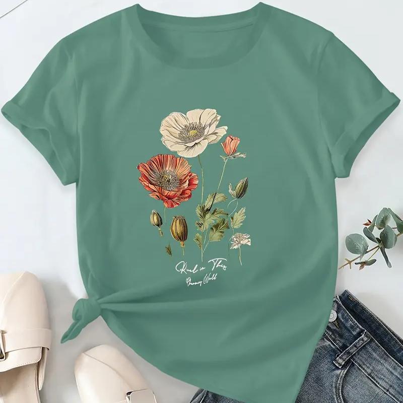 Women Summer T Shirt Retro Fashion Short Sleeve Tees Casual  Flower Printed  Tops
