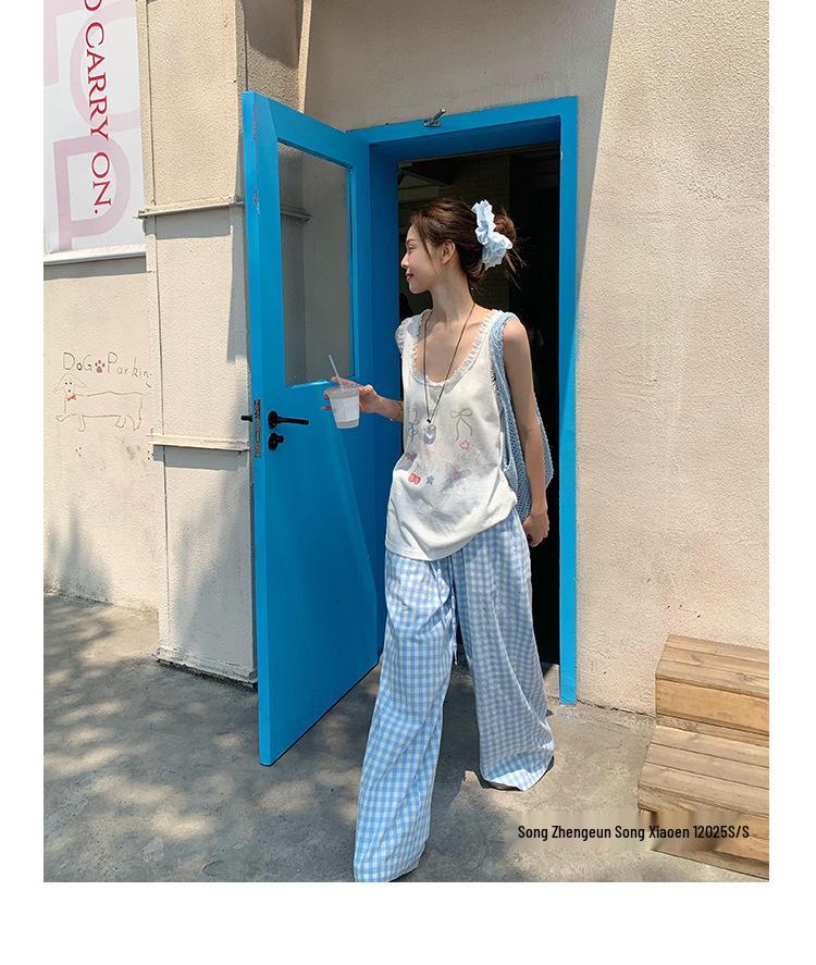 Song Zhengen Women’s High Waist Light Blue Plaid Wide-Leg Summer Pants