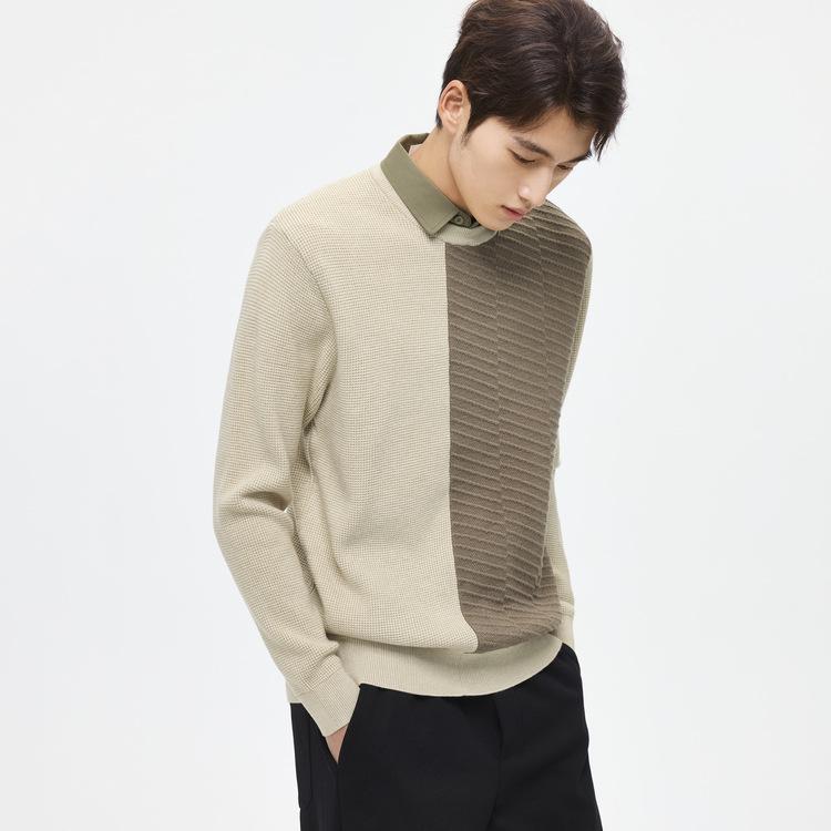 WOOG2005 Patchwork Jacquard Faux Two-Piece Men s Sweater Shirt Collar Casual Winter Knitwear M абрикосовый