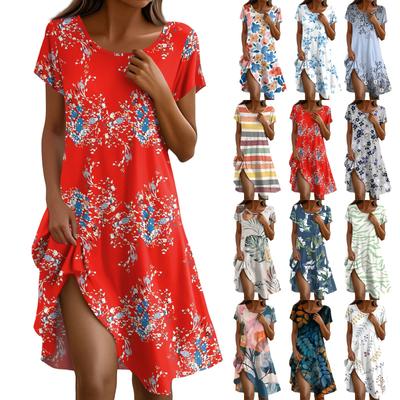 Short Sleeve Boho Dress For Women Casual Loose Fit Summer Sundress Floral Print Dress With Pockets