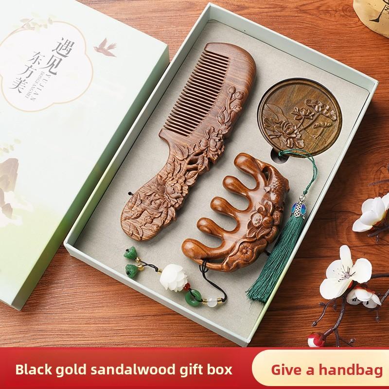 Green Sandalwood Gift Box Comb for Women, Gift Comb Set for Girlfriend, Mom, Head Meridian Nourishing Hair Massage Comb