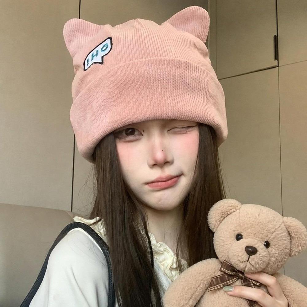 Polyester Cat Ear Beanie Hat Large Head Circumference Fall Winter Skull Cap Casual Use