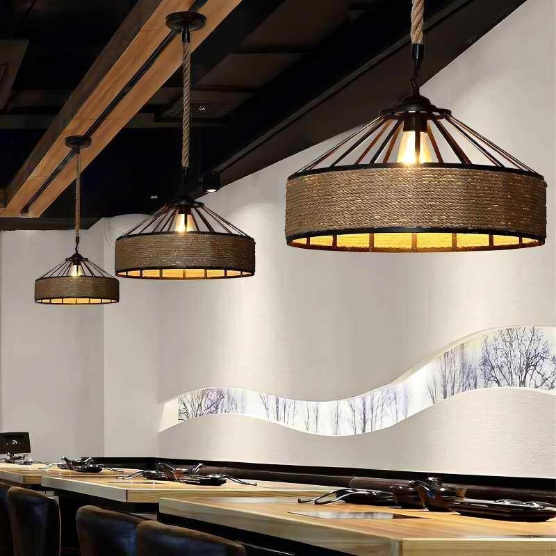 Rattan Pendant Light Vintage Boho Rattan Hanging Lamp Rope Lampshade for Dining Living Room Bedroom Hallway Kitchen Island