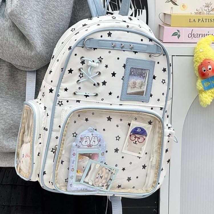 Schoolbag Korean fresh and painful bag, star printing, fashionable and simple, light and large-capacity double shoulder schoolbag for junior and high