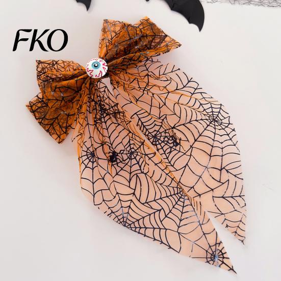 Lightweight Hair Clip Halloween Spider Web Bow Clip, Pumpkin Eyeball Tulle with Long Tails, Women Accessories for Holiday Party Accessory