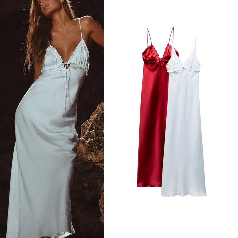 Spring New Fashion Style Sexy V-neck Camisole Laminated Decoration Silk Satin Texture Dress 2341371