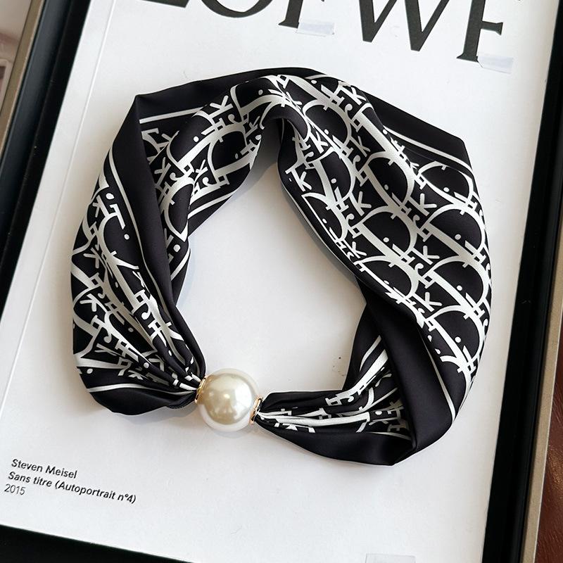 Simple magnetic buckle pearl long silk scarf women's spring and autumn scarf summer printing decorative scarf versatile thin neck protector