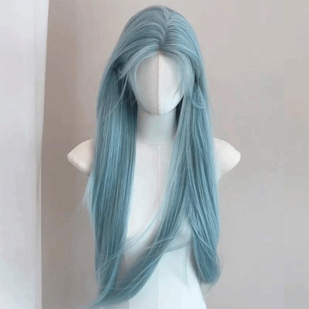 Harajuku Sea Salt Blue Wig 28inch Lolita Cosplay Wig Fake Hair Long Straight Synthetic Wig JK Girl