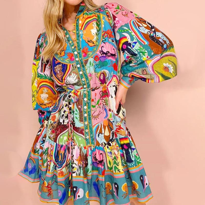 Spring Autumn elegant party Dresses for women vintage graphic print Lantern sleeves with ruffle edges V-neck Women's maxi Dress Casual bodycon dress