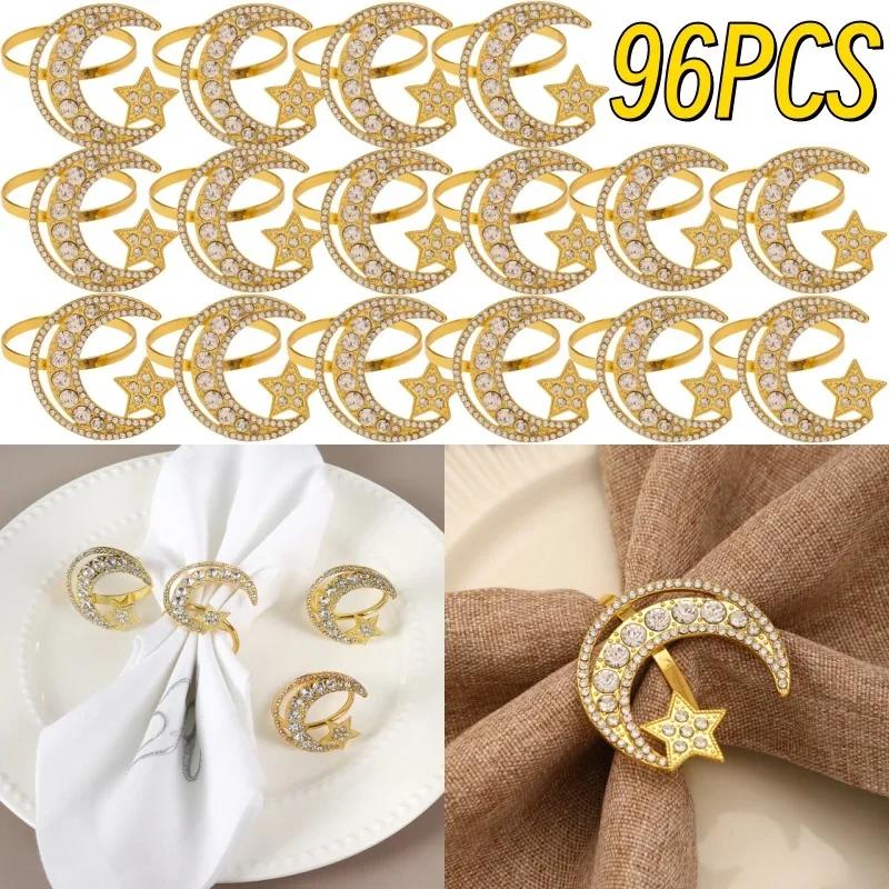 96PCS Creative Inlaid Diamond Stars and Moon Napkin Rings Western Restaurant Table Setting Hollow Rhinestone Napkin Buckle