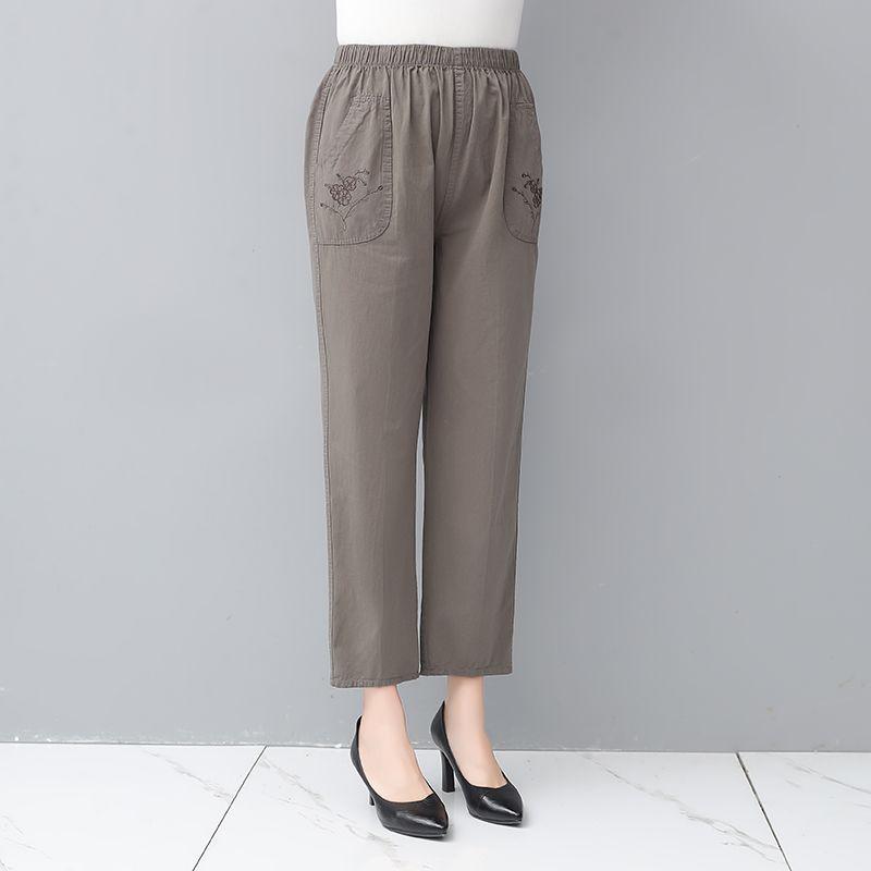 

Mom s Summer Nine-Point Pure Cotton Embroidered Pants for Middle-Aged and Elderly Women, Spring & Autumn Casual Straight-Leg Style XL (90-120 jin) темно-серого