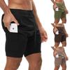 Men's Double Layer Color Block Sports Shorts with Hang Towel - Breathable, Solid Color Fitness Running Shorts.