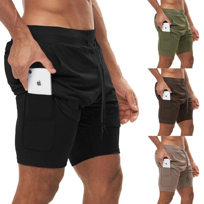 Men's Double Layer Color Block Sports Shorts with Hang Towel - Breathable, Solid Color Fitness Running Shorts.