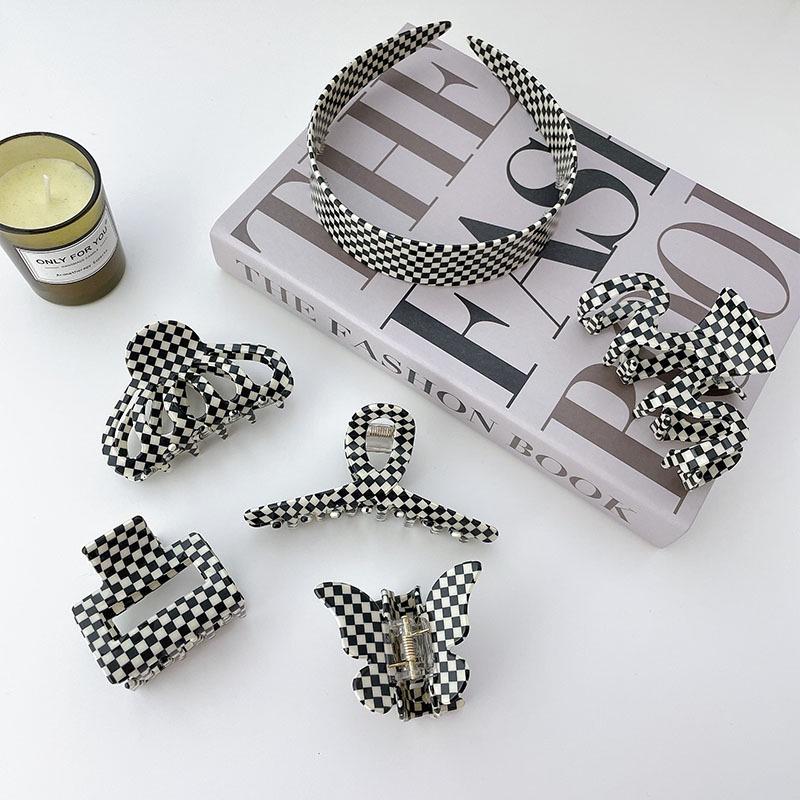 European And American Plaid Series Black And White Acetate Hair Clip Handmade Vintage Headwear For Women