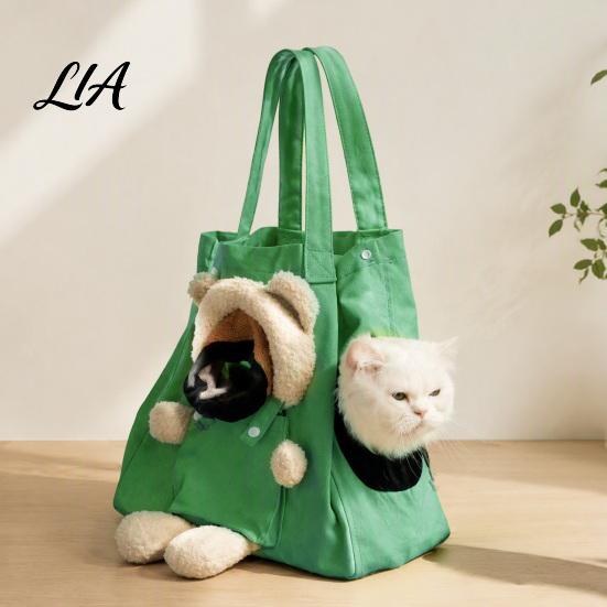 Canvas Cat Carrier Bag Purse, Front & Side Head Hole, Plush Bear Puppy Outdoor Pet Carrying Purse Tote, Portable Shoulder with Safety Buckle for Cats