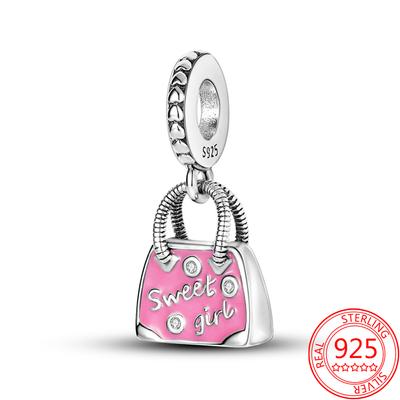 Pandantiv Valiză Roz din Argint Sterling 925 Real, Farmec pentru Geantă, Se potrivește Brățărilor Originale Fashion Snake, Accesorii Bijuterii Fine pentru Femei DIY
