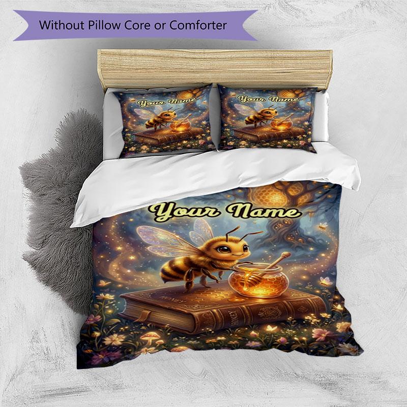 3PC Custom Name Bee Book Honeycomb Bedding Set Duvet Cover Closure Includes 1 Duvet Cover & 2 Pillowcases for Bedroom
