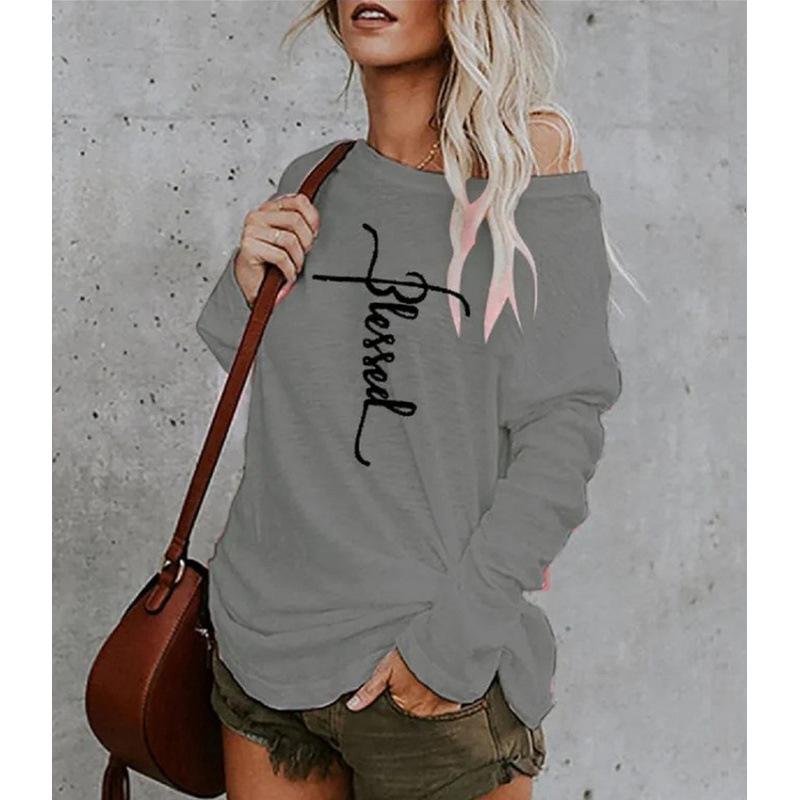 Women's Fall Slim Printed Strapless T-shirt Loose Long-sleeved Casual Tops