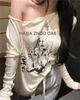 Women's Retro Off-Shoulder Long-Sleeve Graphic T-Shirt - Spring Sunscreen Blouse, Lightweight & Relaxed Fit