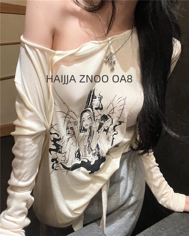 Women's Retro Off-Shoulder Long-Sleeve Graphic T-Shirt - Spring Sunscreen Blouse, Lightweight & Relaxed Fit