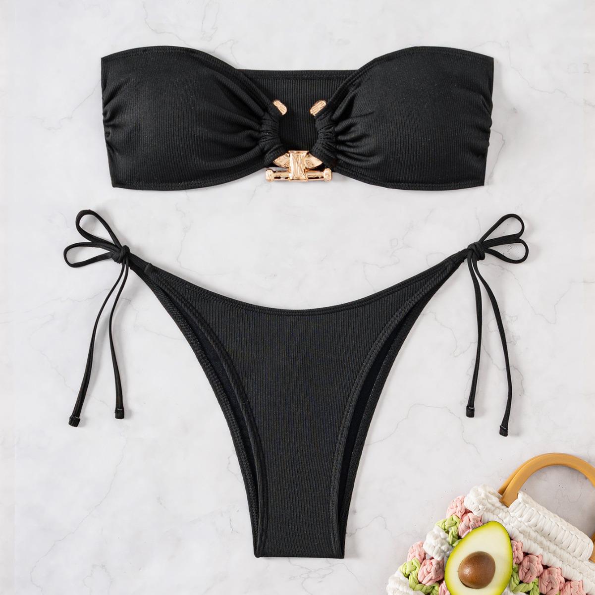 

Yi Yong 2024 Lace-up Bandeau Bikini Two-Piece Swimsuit Extra Small чорний