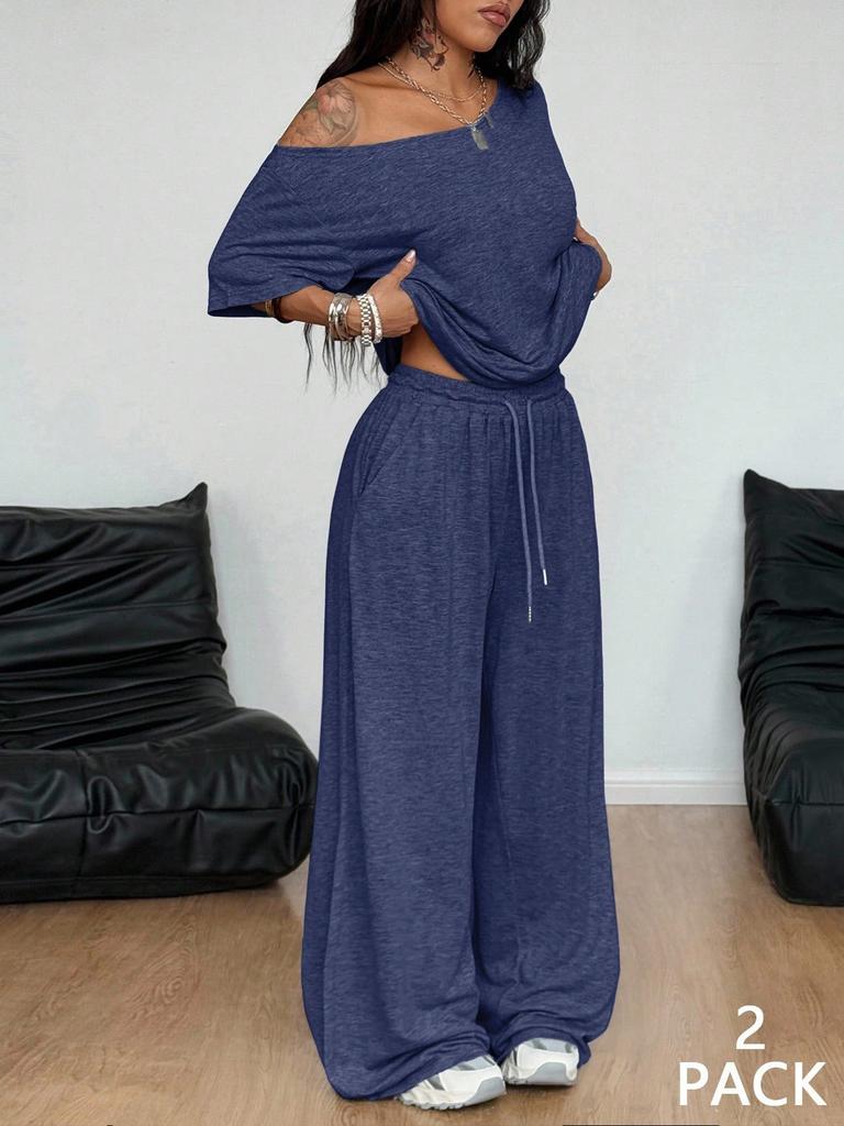 Brown Off Shoulder Short Sleeve Top and Wide Leg Pants Casual Sport Two Piece Set
