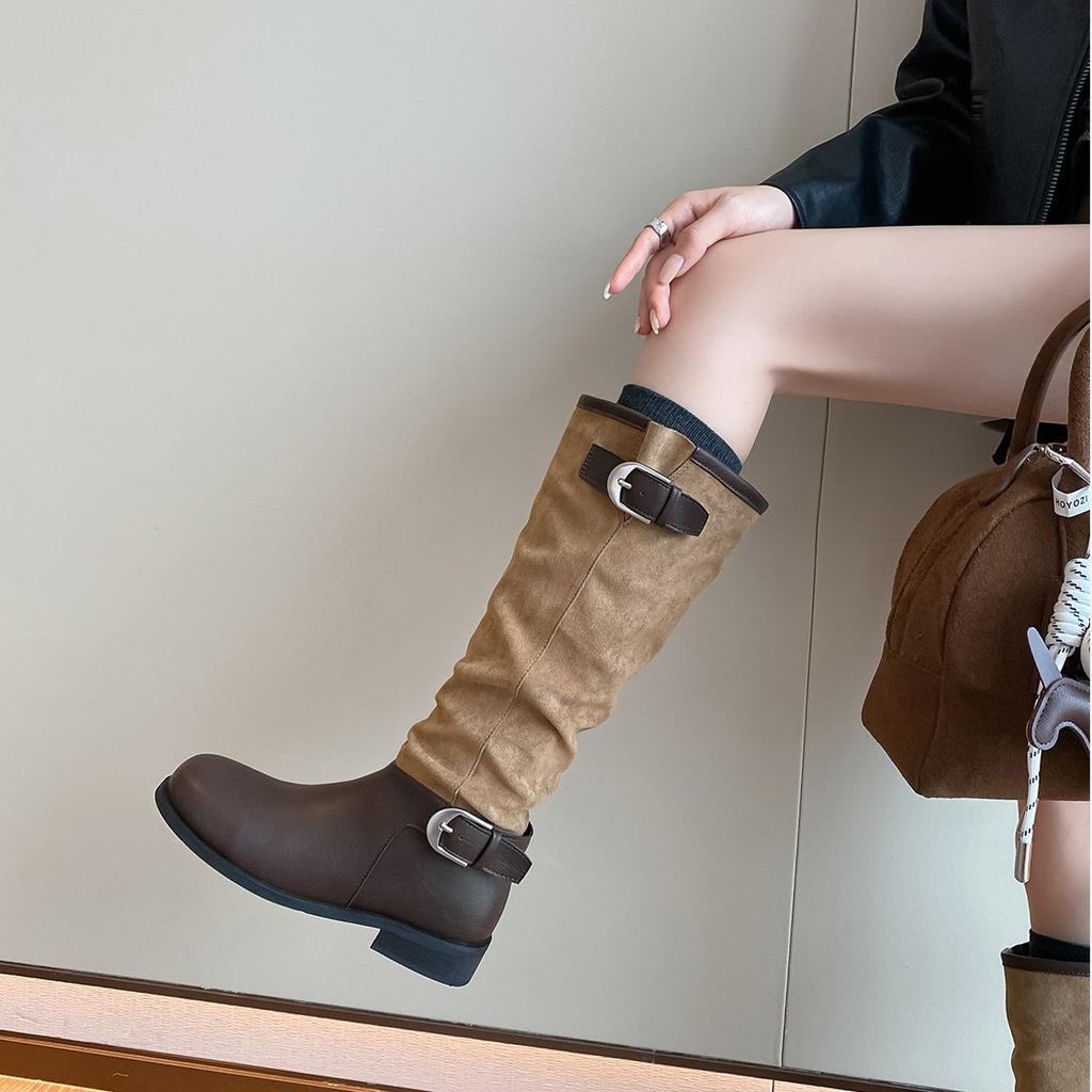 Ma Sichun of the Same Style~ Height Increase 4/7cm Fashionable Buckle with Round Head Splicing Thick Heel Knight Boots Women's Stacked Short Boots
