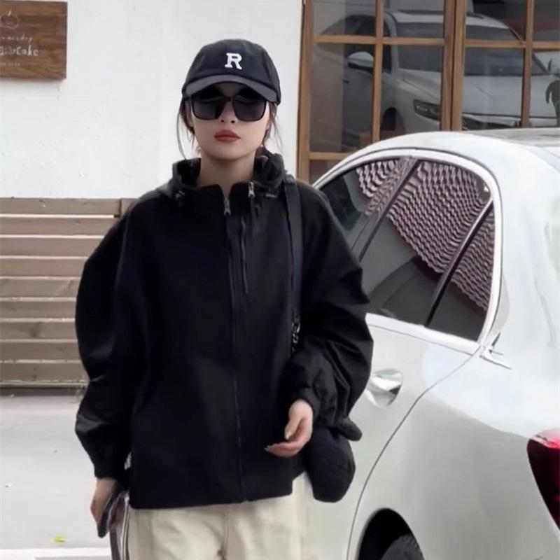 Einfarbige Kapuzen-Utility-Jacke Damen Trendy Herbst Neu Locker Sportlich Lässig Jacke