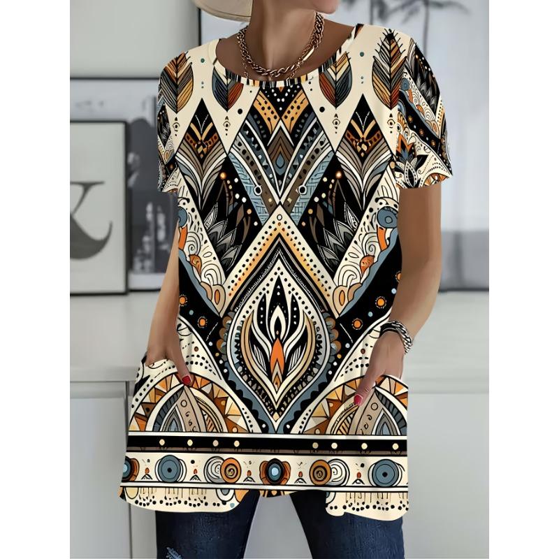 Women'S Summer Retro Ethnic Style Geometric Leaf Totem All-Over Print Pocket Round Neck Short Sleeve T-Shirt Top