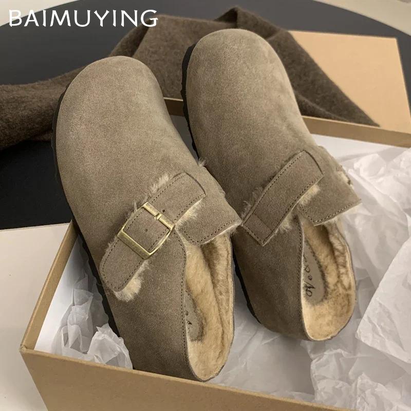 Winter Suede Women Flats Cotton Slippers Short Plush Designer Buckle Casual Mules Shoes 2025 Trend Warm Home Snow Botas De Mujer