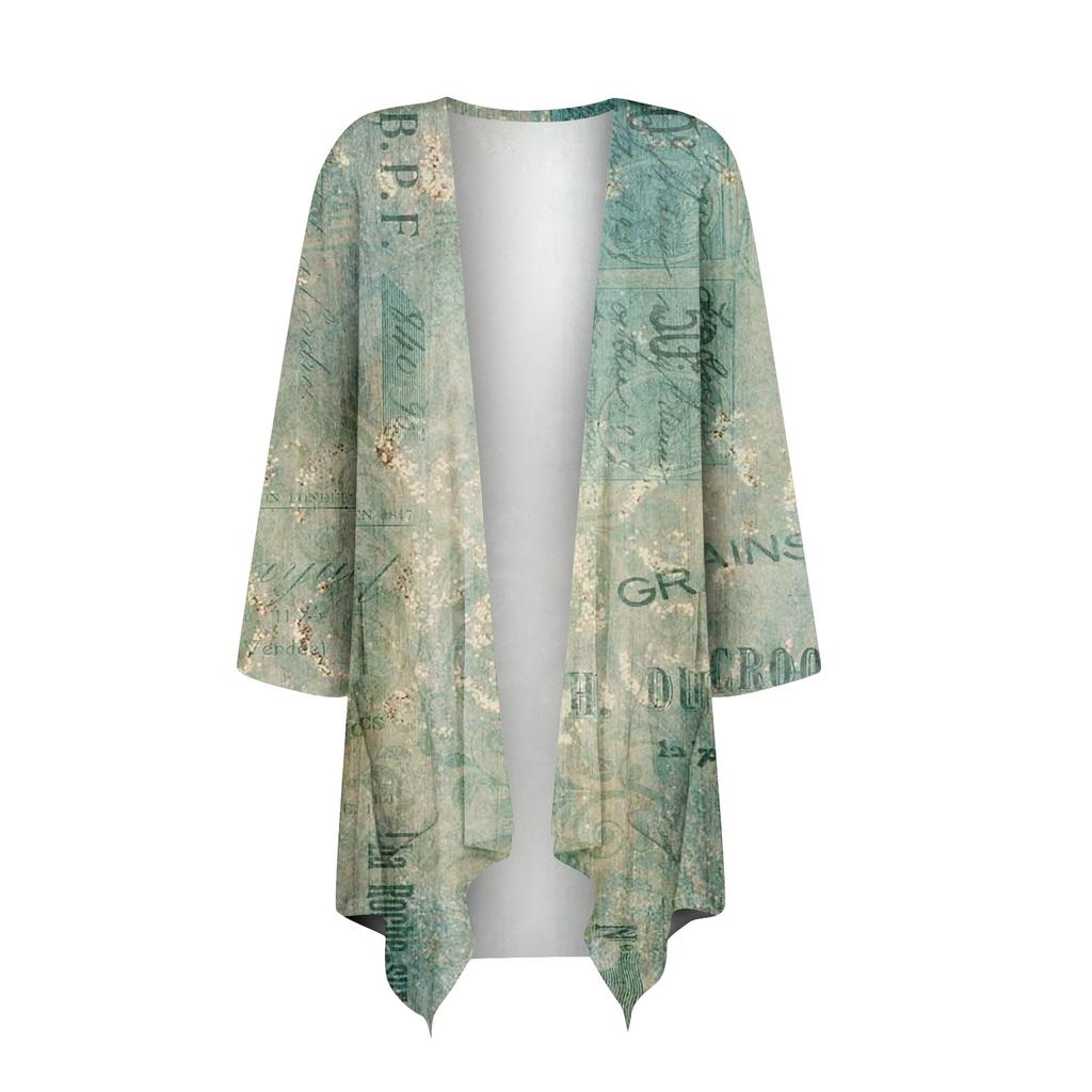 Dámský lehký a tenký kabát s potištěným kardiganem s nepravidelným 3/4 rukávem a kabátem do kapsy