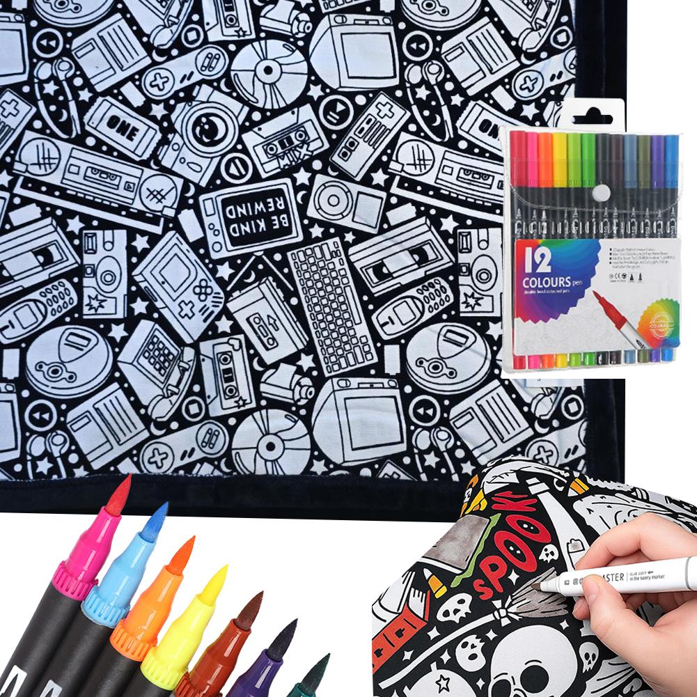 Дитяча ковдра для розмальовування своїми руками, що миється, з 12 кольоровими маркерами, Творча тканинна ковдра з квітами, пофарбованими на замовлення, для дорослих, для релаксації