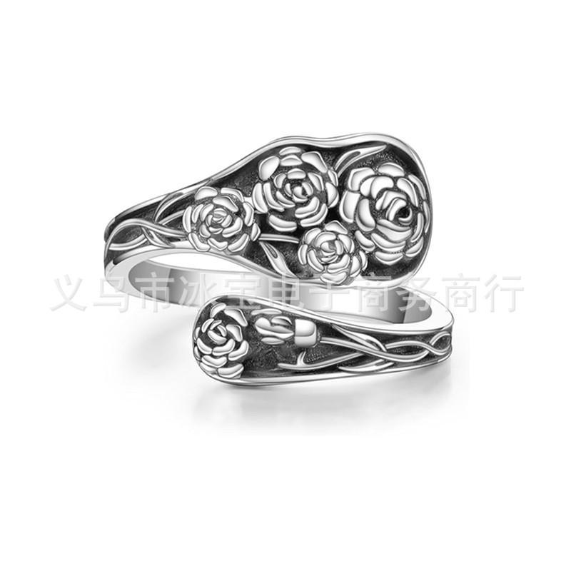 Moonstone Spoon Ring Black Agate Victorian Vintage Embossed Texture Bohemian Index Finger Ring
