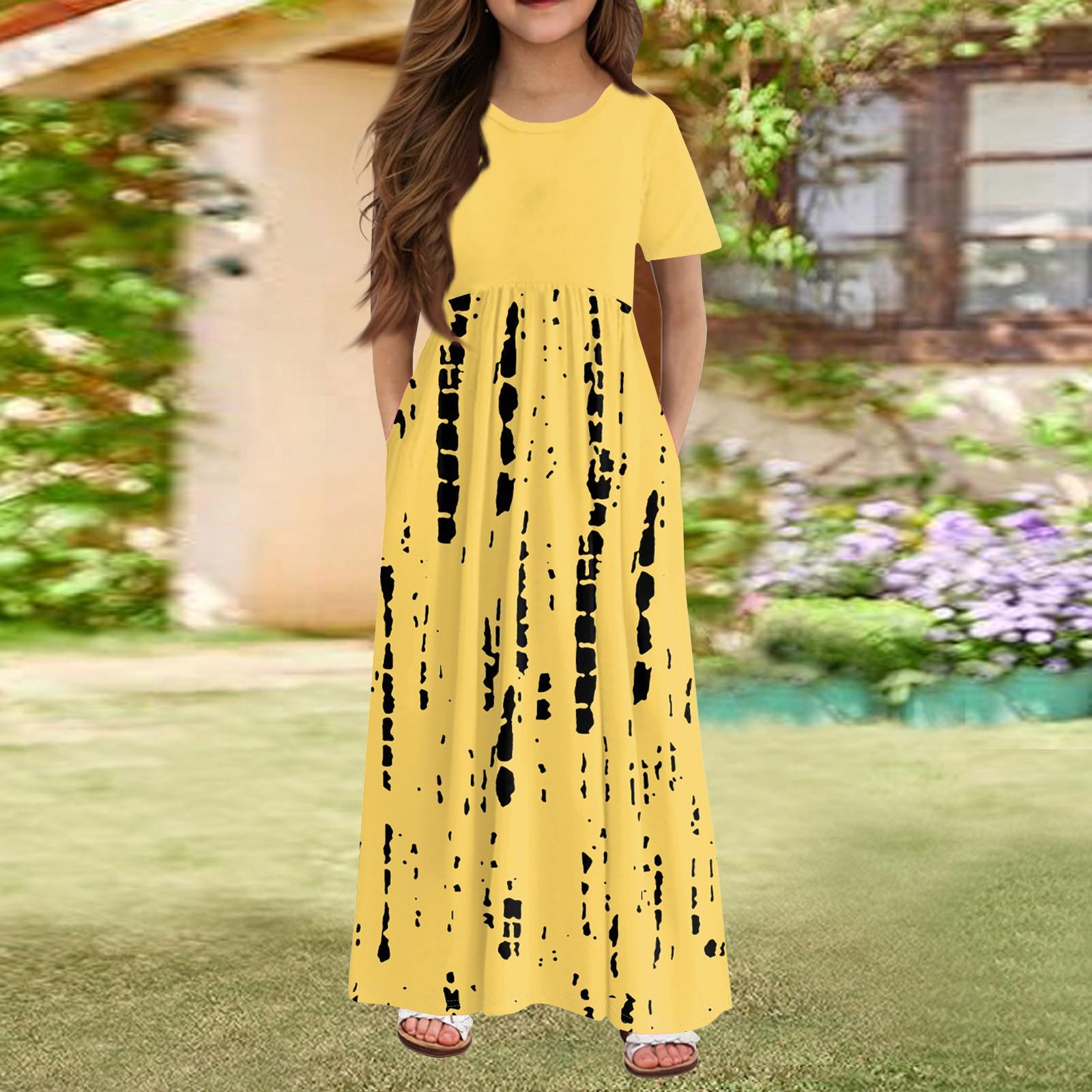 

Длинное летнее платье для девочек - платье макси с короткими рукавами и карманами для детей 4-14 лет 160 жёлтый