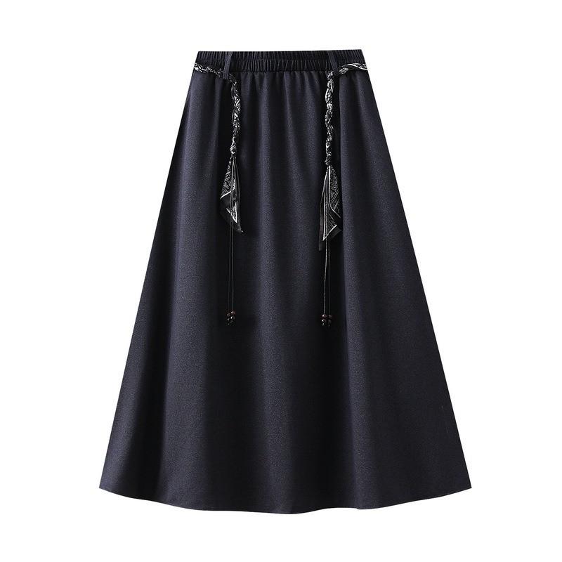 Qooth A Line Skirt Midi Length with Scarf Belt Korean Casual Style Heavyweight Fabric QT2736