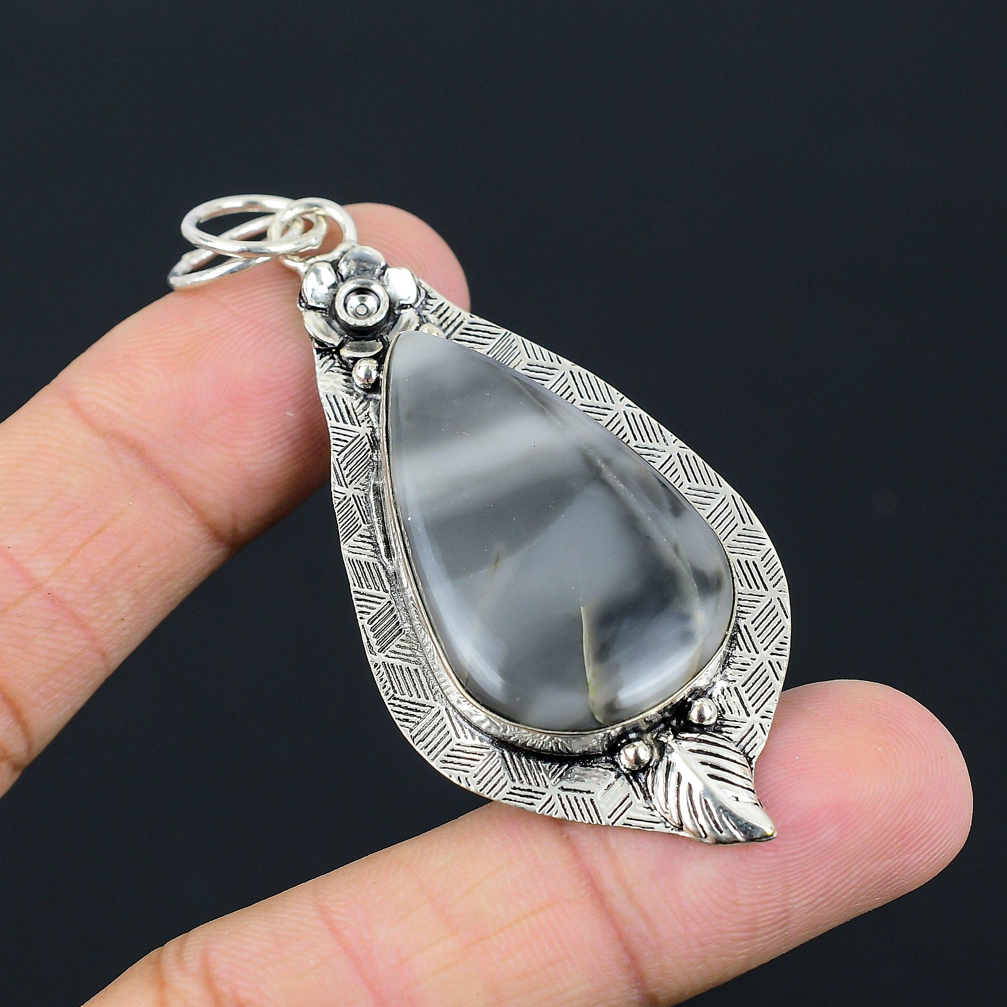 Mothers day Sale Sterling Silver Pear Natural Fume Agate Wedding Flower Pendant