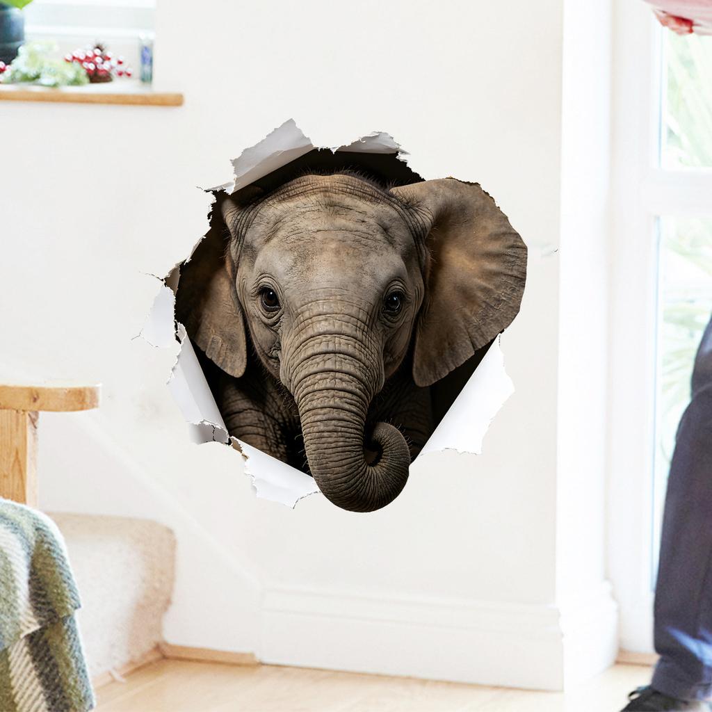 Realistic Torn Paper Hole Elephant Self Adhesive Wall Sticker No Residue for Bedroom Living Room Wall Decor