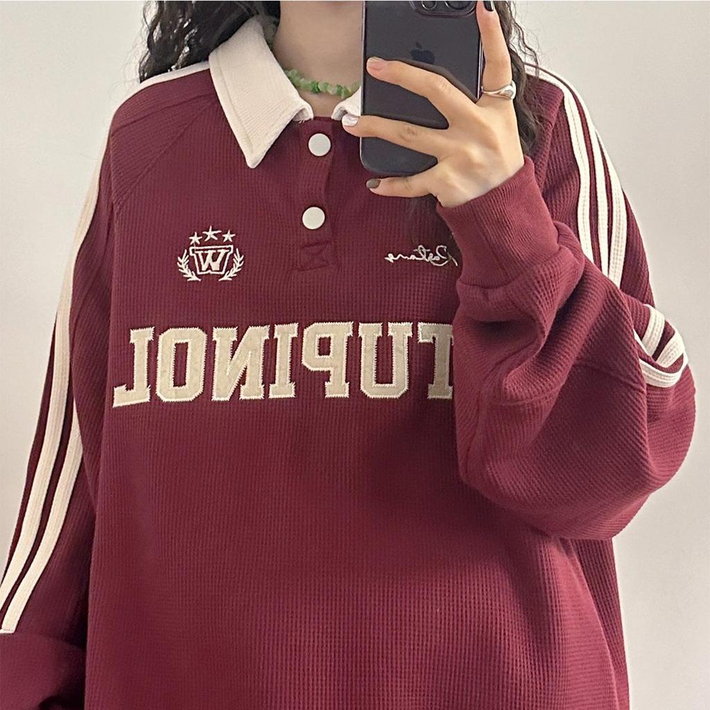 2025 Spring/Autumn Retro Trend Loose Japanese Straight Shoulder Casual Long Sleeve Polo Sweatshirt