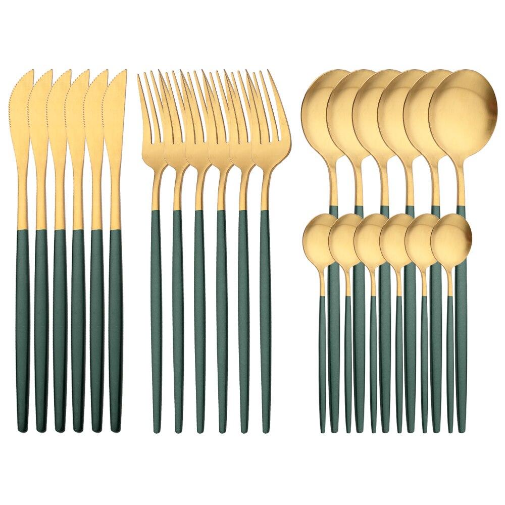 24 deler Matt Svart Gull Bestikksett Gaffel Skje Kniv Bestikksett Rustfritt stål Bestikk Komplett servisesett Kjøkken
