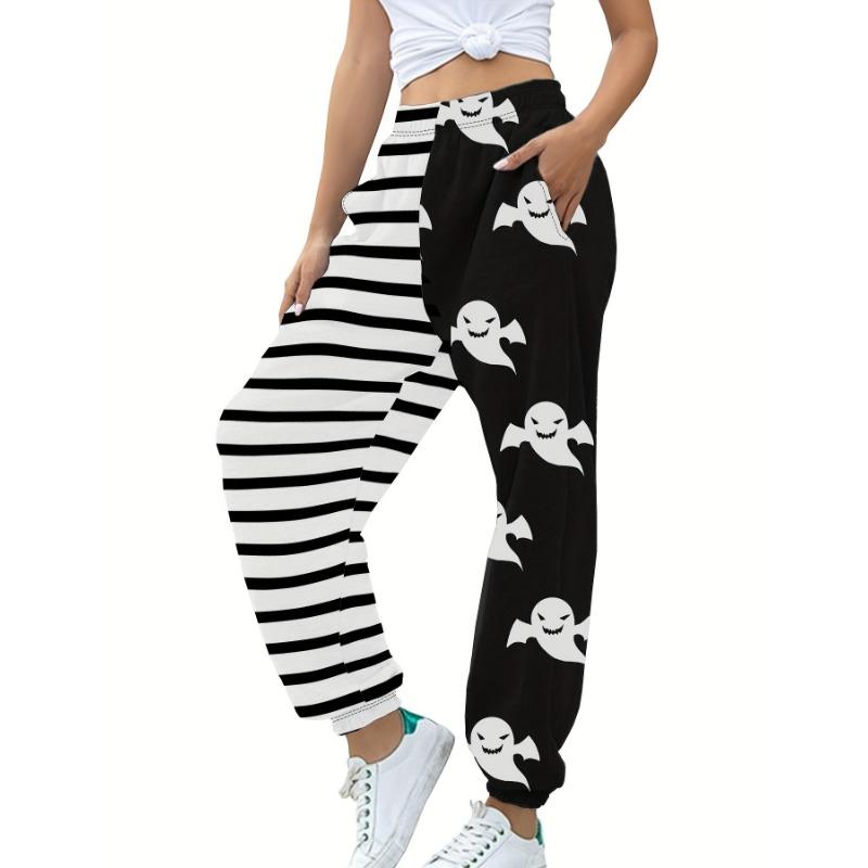 Color Block Ghost & Stripe Print Joggers, Halloween Slant Pockets Byxor för vår och höst, damkläder