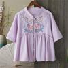 Women's Vintage Inspired Loose Fit Mid Sleeve Cotton Linen Blend Embroidered Button Front Cardigan
