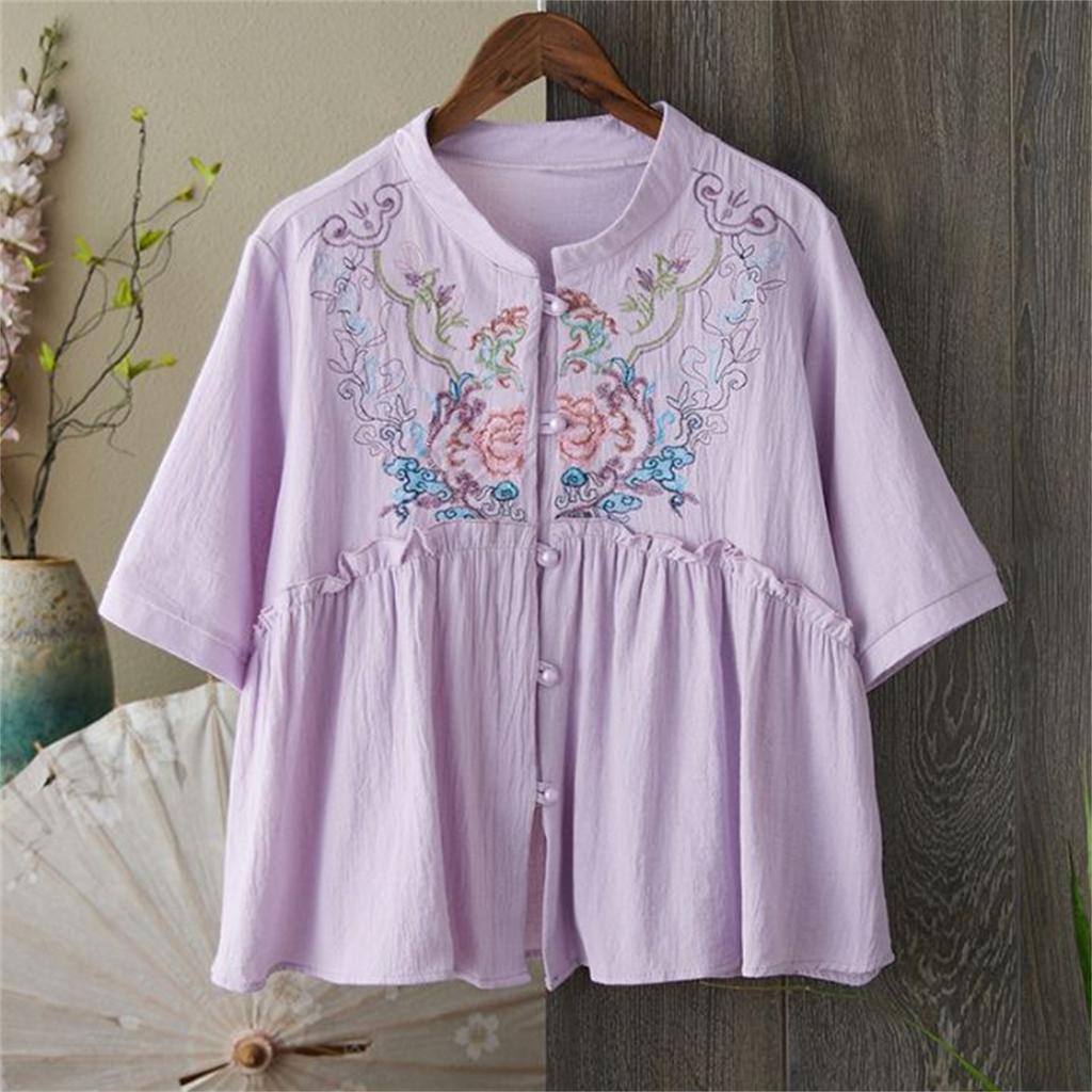 Women's Vintage Inspired Loose Fit Mid Sleeve Cotton Linen Blend Embroidered Button Front Cardigan