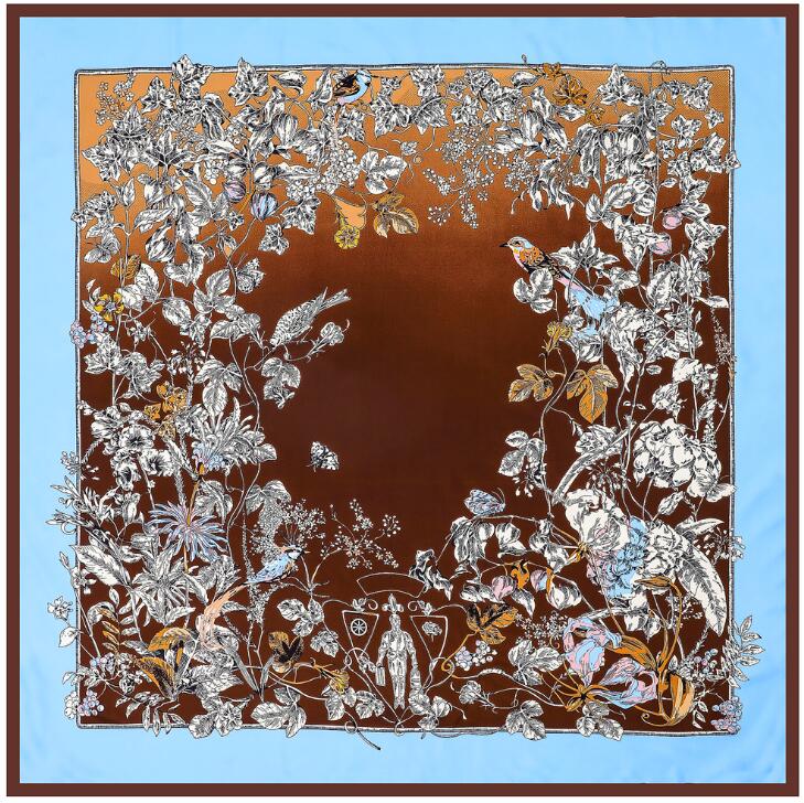 130cm Silk Scarf Women Large Shawls Floral Birds Print Ombre Stoles Square Bandana Luxury Kerchief Scarf Female Foulards