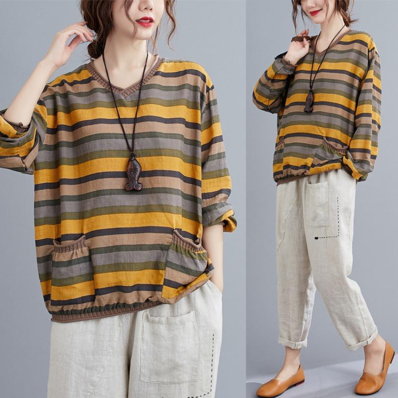 

Autumn Women s Cotton Linen Blouse Retro Stripe V-Neck 3/4 Sleeve Loose Top Pockets OneSize жовтий