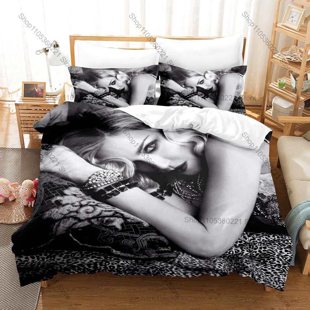 Madonna Duvet Cover + 2 Pillowcases, Queen of Pop Music Icon Print Bedding Set Soft Fabric Home Decor for Music Fans