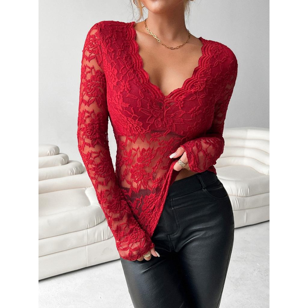 Women's Elegant V-neck Scalloped Neck Edge Solid Color Long Sleeve Slim Slim Pullover Lace Top