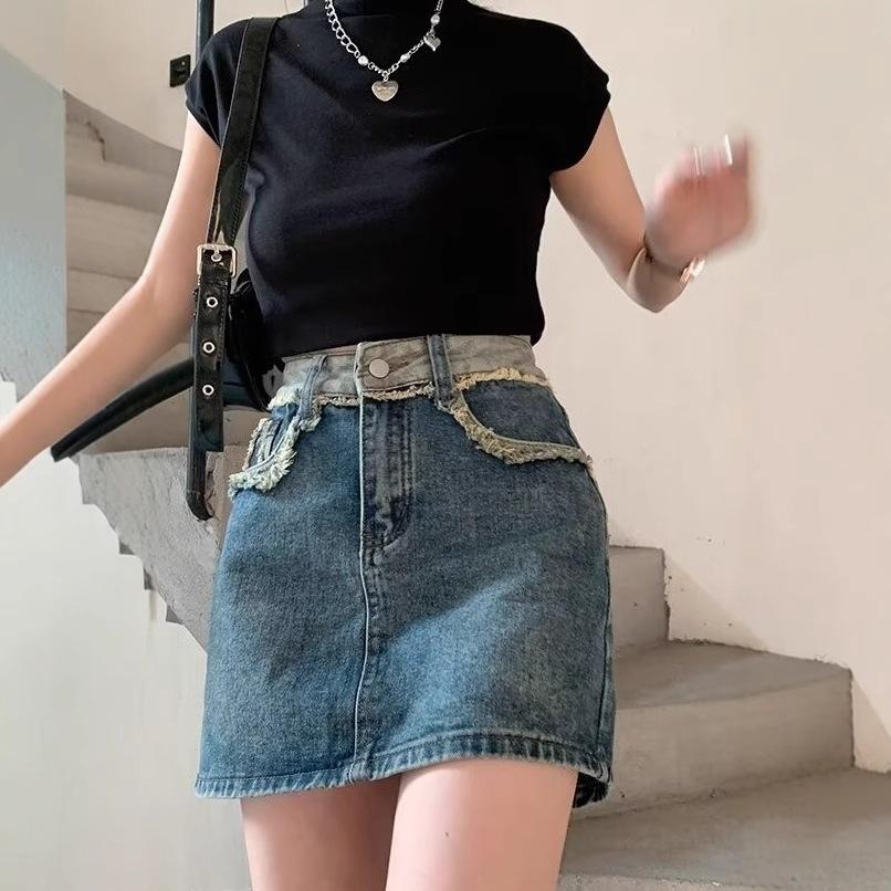 

Женская джинсовая миди-юбка А-силуэта с высокой талией в стиле пэчворк - Облегающая, подчеркивающая фигуру, универсальная мода весна/лето 2XL: 155-165CM (133-145 lbs)