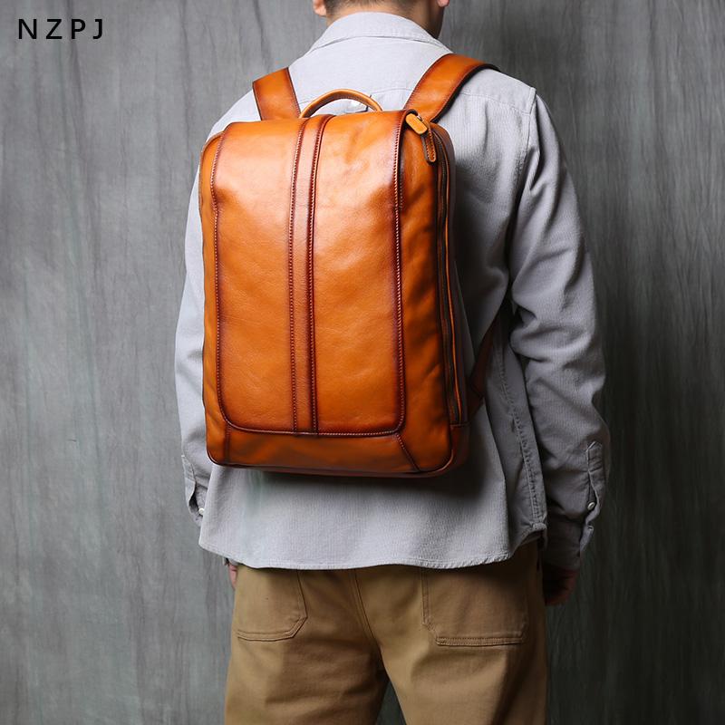 NZPJ Vintage Genuine Natural Cowhide Leather Men's Backpack Casual Business Laptop Bag Trendy School Travel Bag